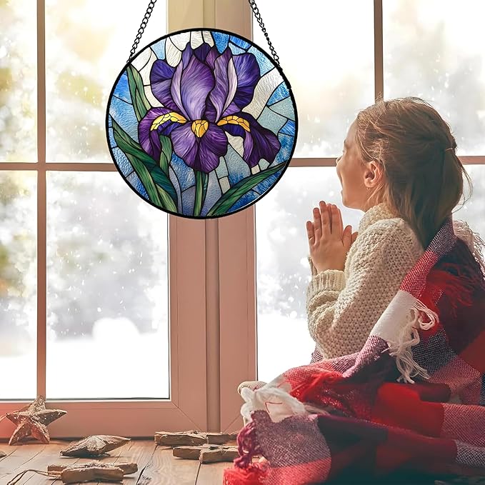HWRHTR Stained Glass Window Hanging - Iris Birth Flower Suncatcher for Doors Garden Yard Purple Blue Sun Catchers Decor Christmas Mother's Day Birthday Gifts for Teacher Women Mom Nana 7.8 in