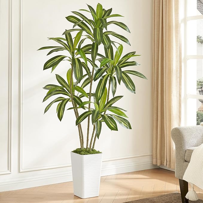 6FT Artificial Dracaena Tree with White Planter and Fake Moss - Real Touch Faux Plant for Home & Office Decor, Lifelike Yucca Indoor Realistic Floor Tree, Lightweight Potted Plants