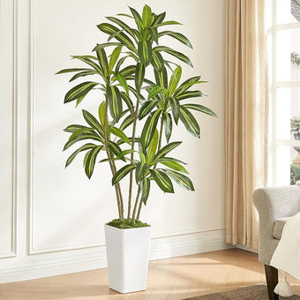 6FT Artificial Dracaena Tree with White Planter and Fake Moss - Real Touch Faux Plant for Home & Office Decor, Lifelike Yucca Indoor Realistic Floor Tree, Lightweight Potted Plants