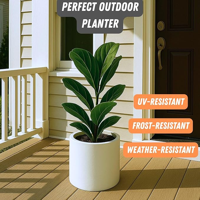 Fox & Fern 10 Inch Plant Pot with Drainage Plug — Premium Lightweight Fiberstone Matte White Planter; Indoor & Outdoor Planter; 10 Inch Pots for Plants Indoor; Weather & UV Resistant