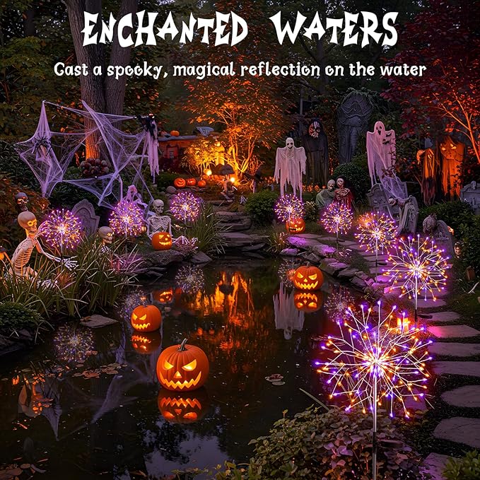 suddus Solar Halloween Lights Outdoor Solar Powered, Upgrade 2-Pack Orange & Purple Solar Firework Lights, Waterproof Garden Light for Yard Pathway Patio Flowerbed Halloween Decorations