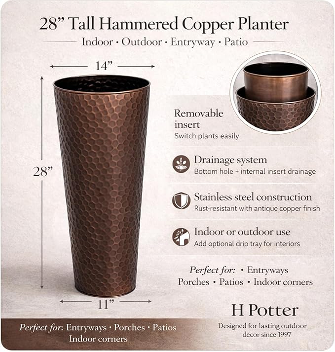 H Potter Large Tall Planter Pots Outdoor Indoor Copper Flower Decorative Set of Two GAR684 (Set of Two)
