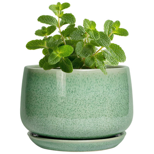 G EPGardening Ceramic Plant Pot - 4 inch Plant Pots with Drainage Hole & Saucer, Small Pots for Plant Indoor Outdoor, Modern Round Planter, Decorative Flower Pot, Room Decor, House Warming Gift, Green