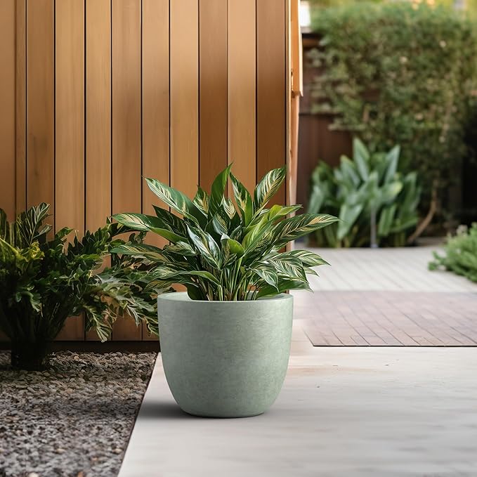Kante 14 Inch Dia Round Concrete Planter, Indoor Outdoor Large Plant Pot with Drainage Hole and Rubber Plug for Home Patio Garden, Mint Green