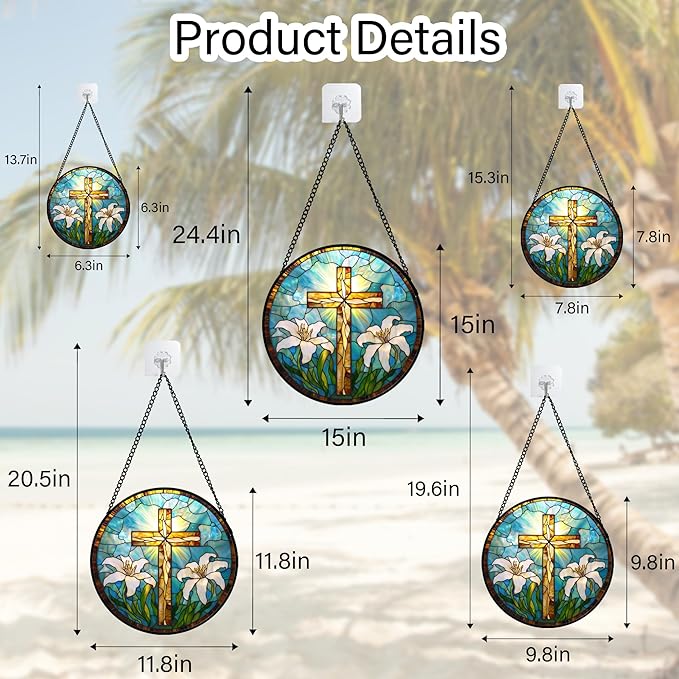 JOSUMALY Christian Gifts for Women - Cross Stained Glass Window Hanging Jesus Easter White Lily Flower Sun Catcher Garden Religion Decor Mother's Day Catholic Gift for Men Grandma Mom Her Nana 7.8"