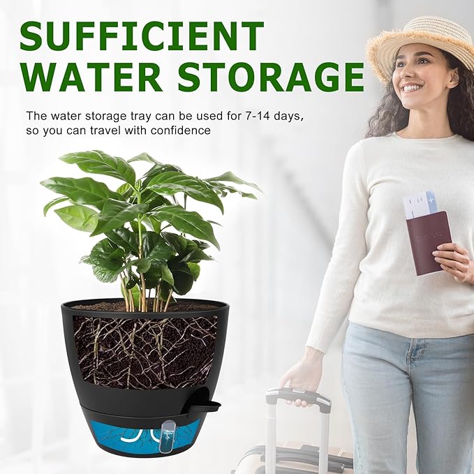Self-Watering Plant Pots with Water Level Indicator, Drainage Holes & Saucers – 12/10/9 Inch Large Plastic Planter Set for Indoor & Outdoor Plants (Pure Black)