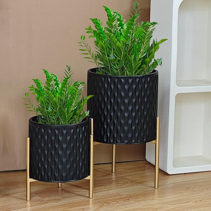 ARNIS Plants Pots with Stand, Set of 2 Planters, Unique Mid Century Decorative Metal Flower Pots with Drainage, 8.25 & 10.5 Inch, Black