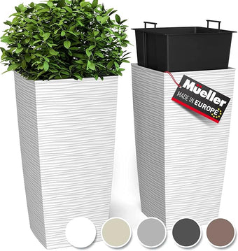 Mueller Janska M-Resin Heavy Duty Tall Planter, Indoor/Outdoor Grande Plant, Tree, Flower Pot, 2-Piece Set, 27.5”, Modern Design, Built-in Drainage, White