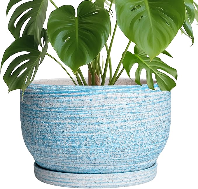 SQOWL Ceramic Plant Pots - 10 Inch Ceramic Flower Pots with Drainage Hole and Saucer, Round Large Planter for Indoor Outdoor, Decorative Modern Planter, Kitchen Decor, House Warming Gifts, Blue