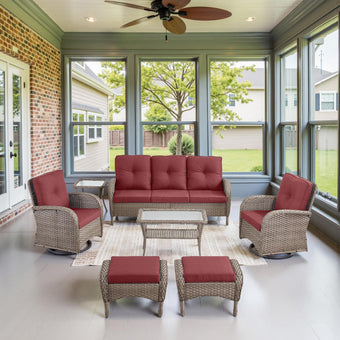 Belord Wicker Outdoor Furniture Set - 7 Piece Patio Conversation Sets with Comfort Swivel Rocker Glider Patio Chairs Set of 2 and Rattan Sofa, Tempered Glass Coffee Table and Side Table,Gray/Red