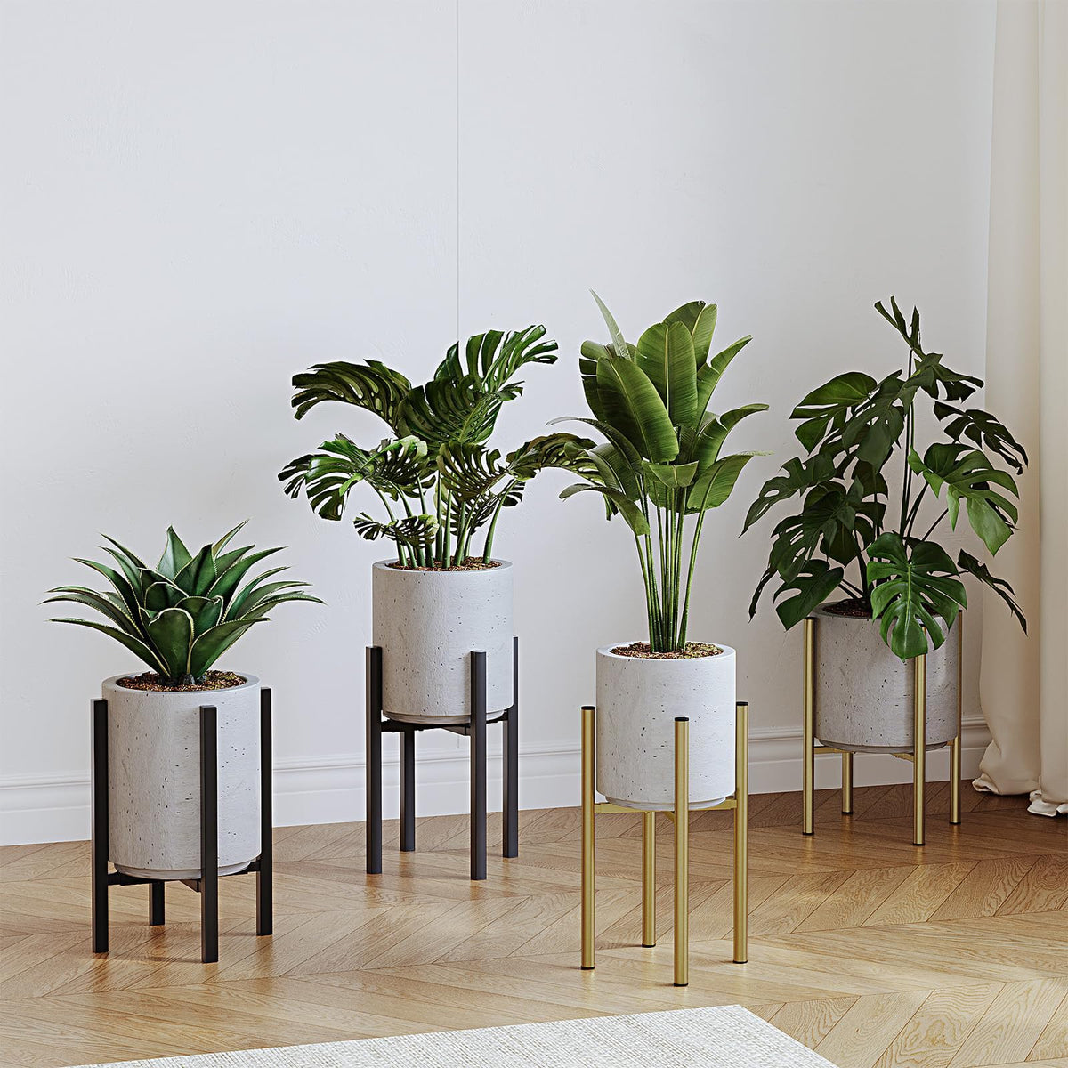 Rioneta Adjustable Metal Plant Stand Indoor, Fits 8-14 Inch Pots, Mid Century Modern Gold Planter Holder,2 Heights, Heavy Duty 160 lb, Indoor Outdoor Corner Floor Pot Stand, Golden 2 Pack