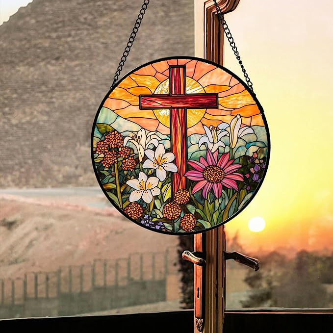 JOSUMALY Christian Gifts for Women - Cross Stained Glass Window Hanging Easter Flower Sunset Landscape Sun Catcher Garden Religion Decor Mother's Day Catholic Gift for Men Grandma Mom Her Nana 15"