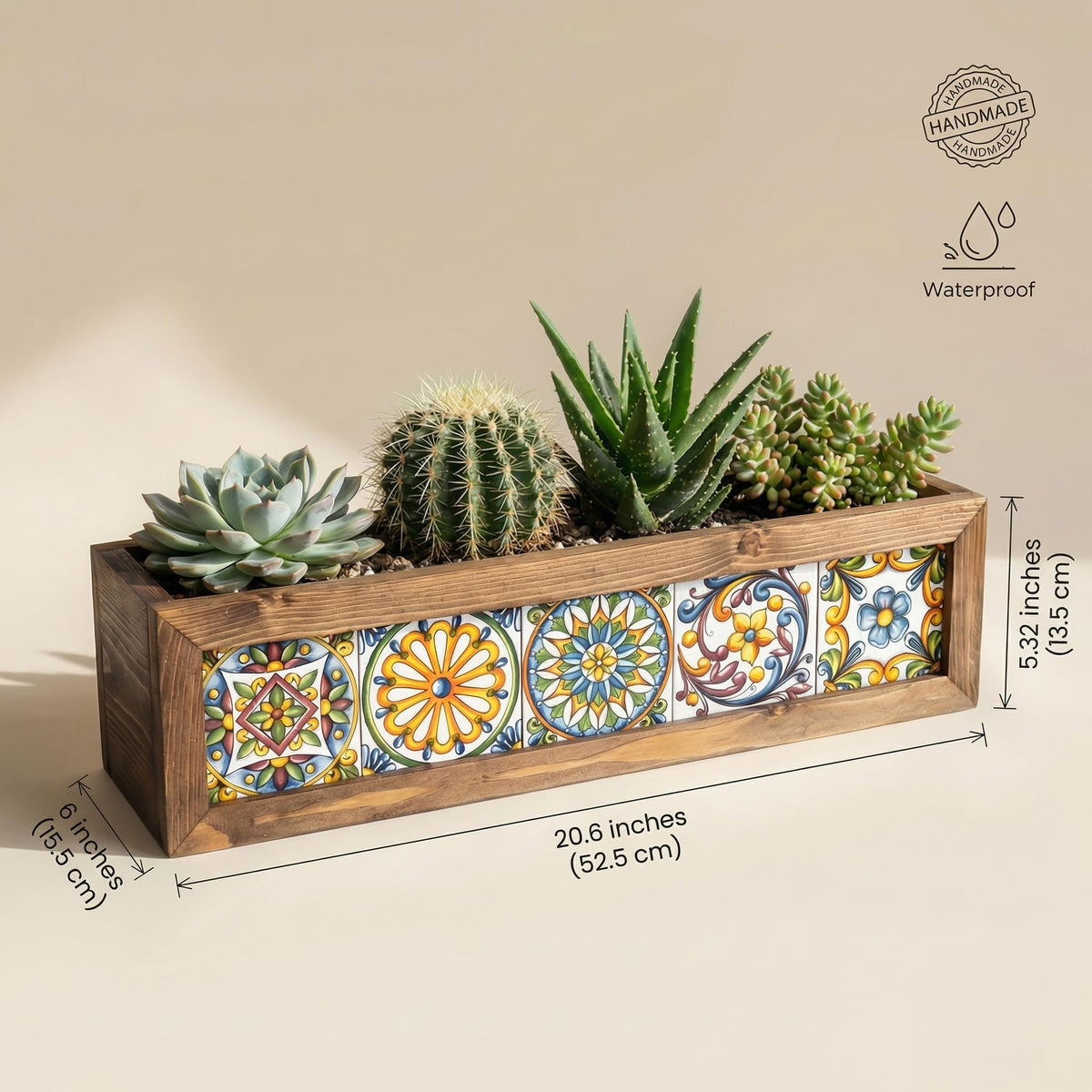 MIODUO DECOR 20 Inch Talavera Style Cedar Wood Planter Box, Authentic Mexican Tile Window Sill Container for Succulent Arrangements and Herb Gardens