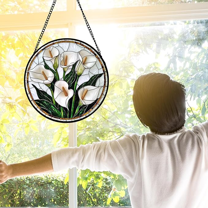 DASTOLL Stained Glass Window Hanging, White Calla Lily Flowers Sun Catchers Glass Panel Plant Suncatcher Decor for Birthday for Women, Men, Wife, Aunt, and Mom 11.8x11.8 in
