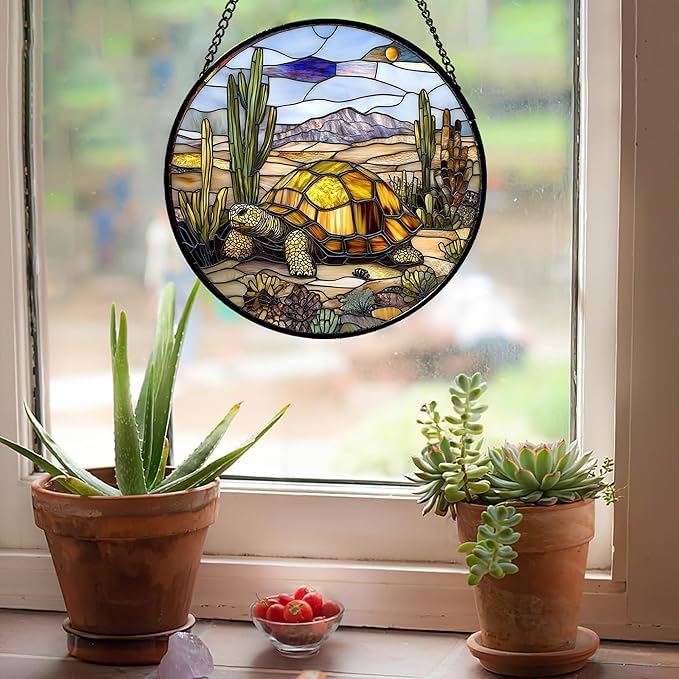 Stained Glass Window Hanging Golden Turtle Cactus Landscape 9.8" - Suncatcher Door Garden Sunroom Sun Catcher Home Decor Birthday Christmas for Mom Men Woman Nana