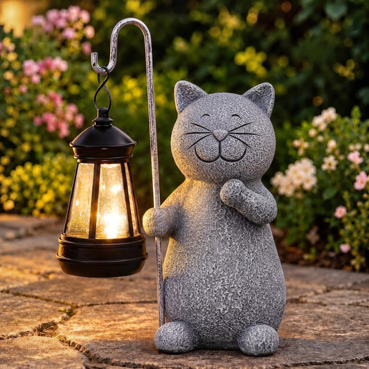 Qeeman Solar Cat Garden Statue with Lantern: Outdoor Decor