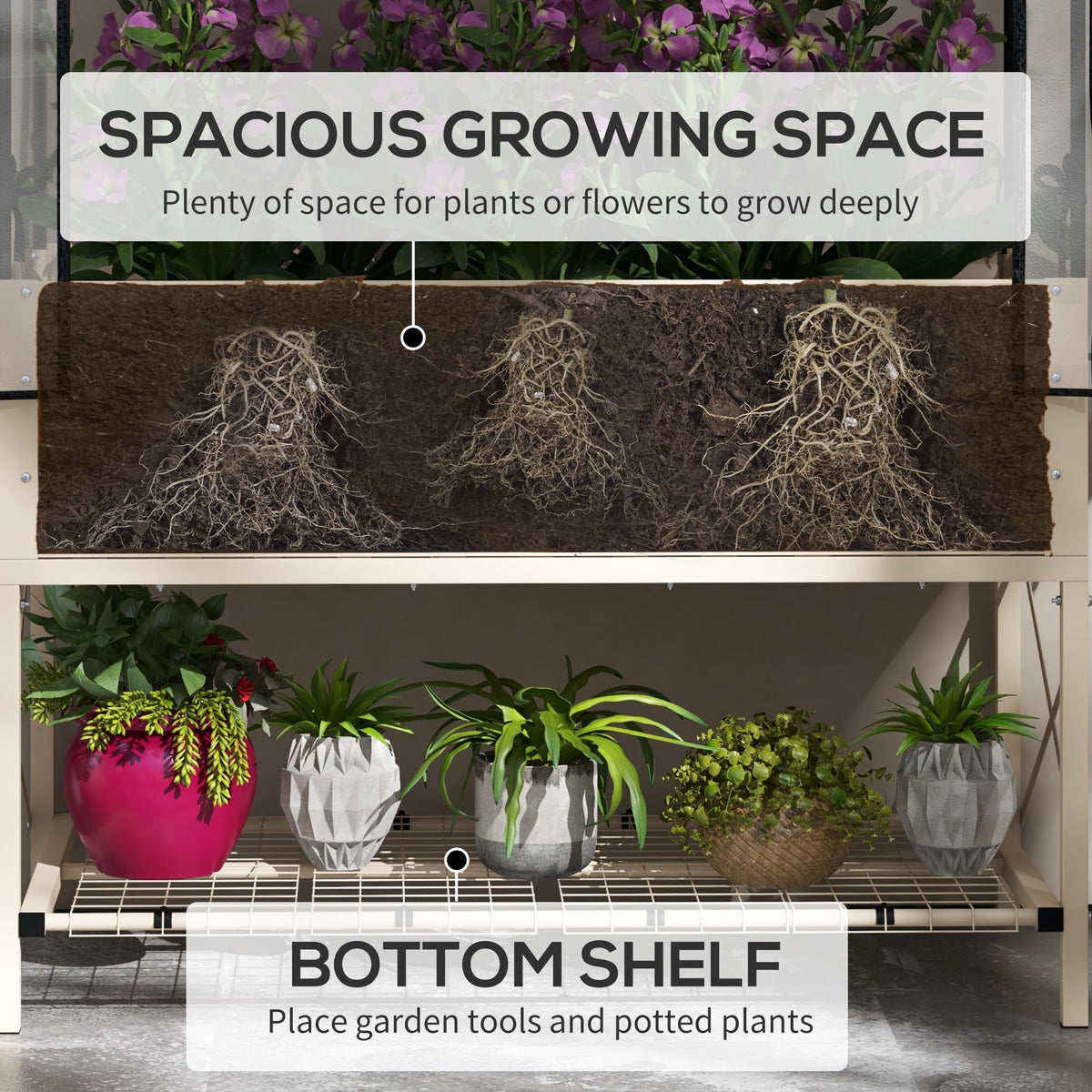 Outsunny Raised Garden Bed with Cover and Storage Shelf, Cream