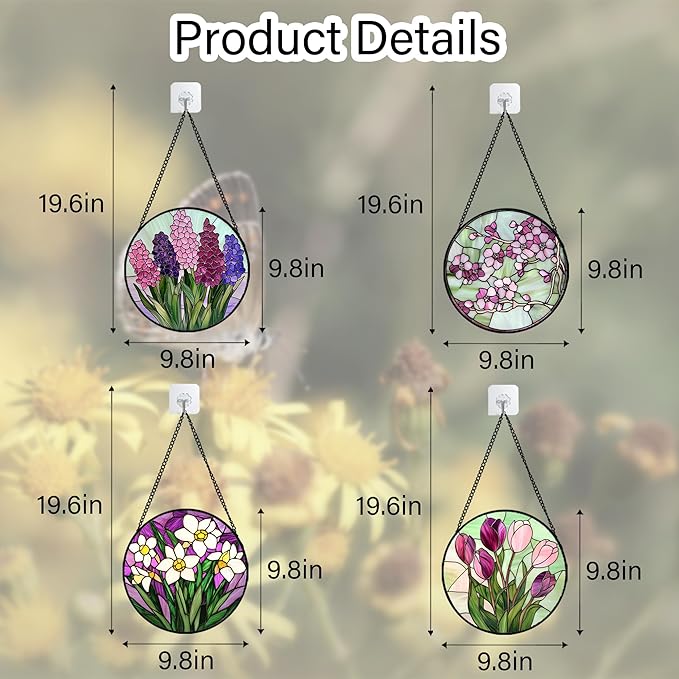 AMDERVEN Stained Glass Window Hanging 4 Pcs Set Tulips Plum Flower Daffodils Hyacinths 9.8" - Suncatcher Door Garden Sun Catcher Decor Birthday Mother's Day for Mom Woman Nana