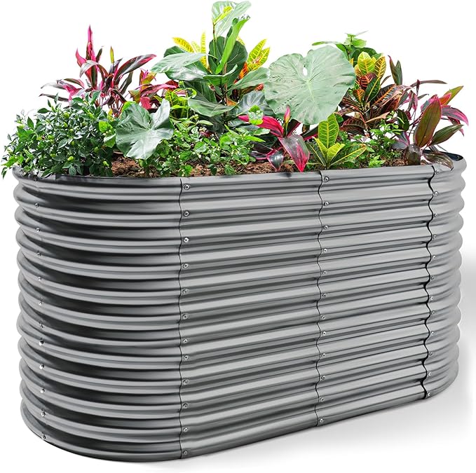 Land Guard 8x4x3ft Oval Galvanized Raised Garden Beds, Large-Capacity Metal Planter Box Outdoor, Durable Deep Raised Garden Bed 3ft Tall, Raised Beds for Gardening Vegetables, Modern Gray