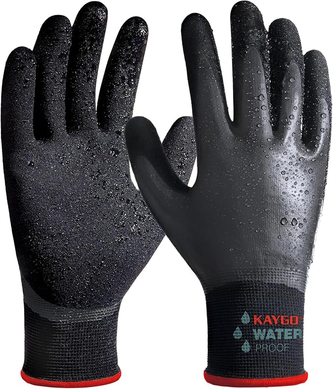 KAYGO Waterproof Work Gloves for Men and Women, Rubber Coated Non-slip Working Gloves for Garden, Outdoor Construction,KG150,Black,S