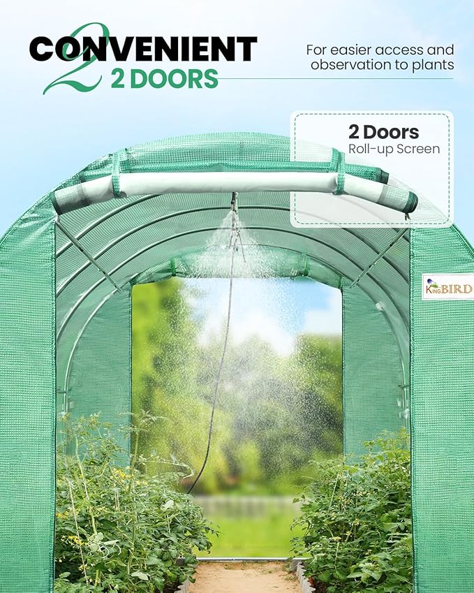 KING BIRD Premium 15x6.6x6.6FT Greenhouse for Outdoors, Large Walk-in Heavy Duty Galvanized Steel Frame, Mesh Door Screen Window Tunnel Hoop Garden Plant Winter Hot House, with Watering Kits, Green