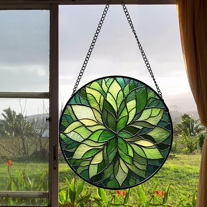HWRHTR Stained Glass Window Hanging - Green Gradient Flowers Suncatcher for Doors Window Home Plant Sun Catchers Decor Christmas Mother's Day Birthday Gifts for Teacher Women Men Mom Nana 7.8 in