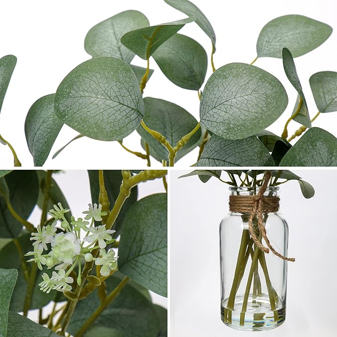 Briful Artificial Eucalyptus Stems in Glass Vase with Faux Water, 14" Fake Plant Eucalyptus Leaves for Home Bathroom Office Farmhouse Wedding Centerpiece Décor