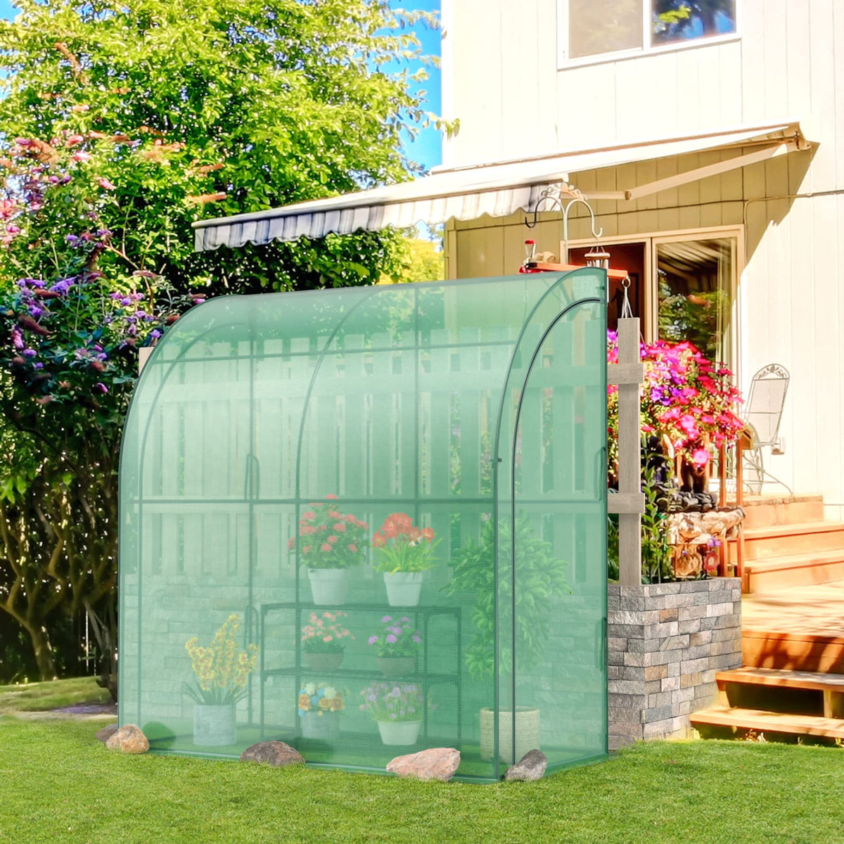 Graffy 7'x3.5’x7' Lean to Greenhouse, Walk in Green House with Shelves & 2 Zipper Doors, Windproof PE Cover, Portable Steel Frame Greenhouses for Outdoors Heavy Duty, Plant Hot House