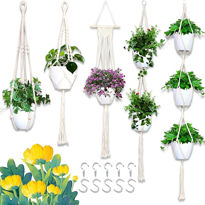 IGaiety Macrame Plant Hanger 5 Pcs Indoor Outdoor Hanging Plant Holders Handmade Plant Hangers Cotton Rope Planters with 5 Pcs Ceiling and S Hooks for Small Plants Pots Boho Home Decor