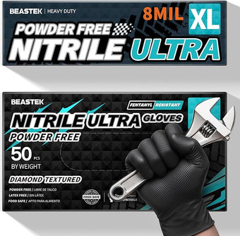 Beastek Nitrile Disposable Gloves, 8Mil Latex & Powder Free Chemical Resistant Heavy Duty Food Safe Diamond Glove Black 50Pcs