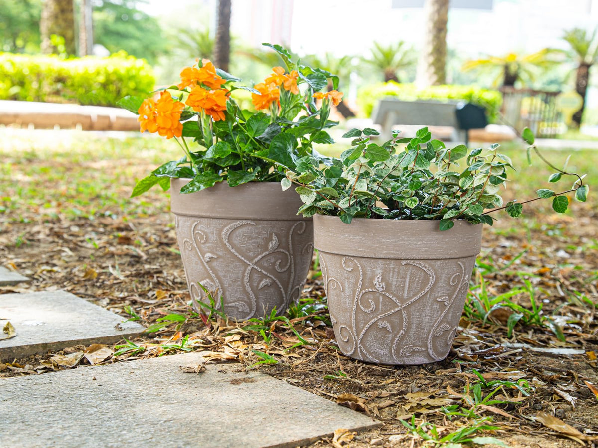 Melphoe Plant Pots Indoor with Drainage & Saucer, 2Pack 7/8 inch Flower Pots Outdoor Planters for Indoor Plants Garden Home Decor Cactus Succulent, Rigid Plastic (Imitation-Terracotta) Vine-Embossed