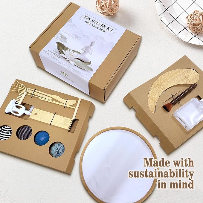 Zen Garden Kit for Desk - Premium Beautiful Japanese Mini Zen Sand Garden Box Gift Set for Home Decor, Office Desk with Large Round Bamboo Tray, White Sand, 4 Sand Spheres & Spheres Holder
