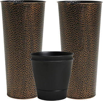 Worth Garden 2-Pack 28" H. Metal Planters with 2X Inside Pots - Hand-Hammered Texture Tall Narrow Cone Plant Pots - Large Handcrafted Bronze Flower Pot for Indoor Outdoor, Deck, Patio, Front Porch