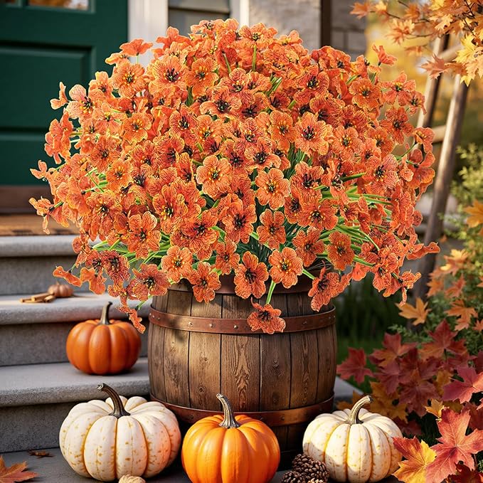 Uieke 16 Bundles Artificial Fall Flowers No Fade Faux Autumn Plants, Fake Indoor Outdoor Greenery for Thanksgiving Table Centerpiece Christmas Wedding Party Home Garden Fireplace Décor (Orange)