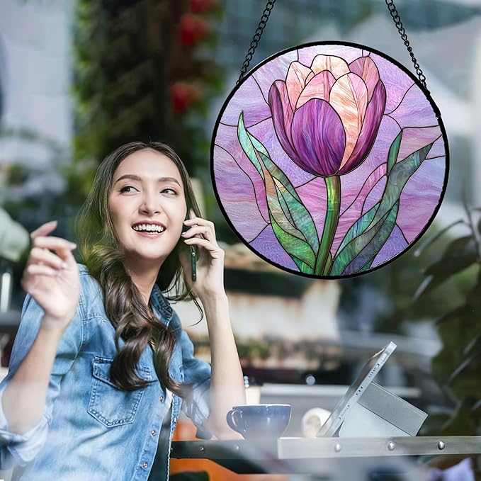 Stained Glass Window Hanging Purple Tulips Flower 9.8" - Suncatcher Door Garden Sun Catcher Home Decor Birthday Mother's Day for Mom Men Woman Parents Her Nana Friend