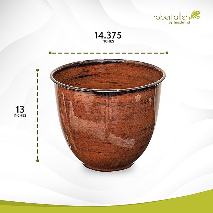 Headwind Glazed Ironstone Hamilton Collection Decorative Plant Pot – 14" Chestnut Brown Pot – Lightweight & Durable with Drainage Flower Pots for Indoor Plants & Outdoor Planter Use by Robert Allen