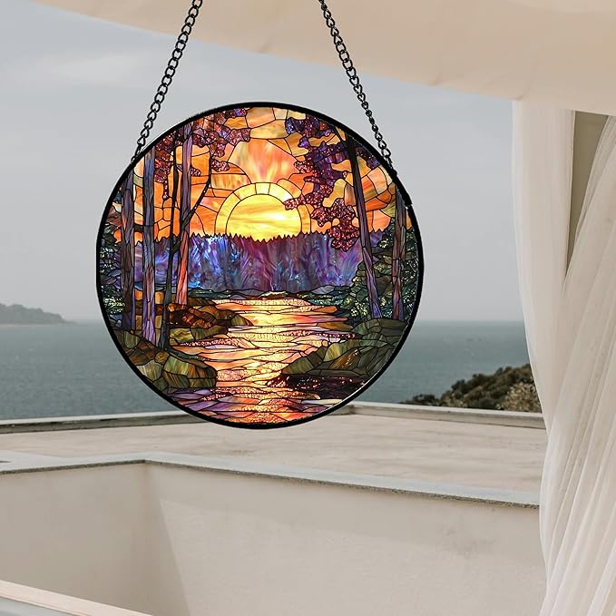 Stained Glass Window Hanging, Orange Landscape Green Purple Lake Forest Suncatcher for Doors Window Home Sun Catchers Decor Mother's Day Birthday Gifts for Women Men Mom 9.8 in