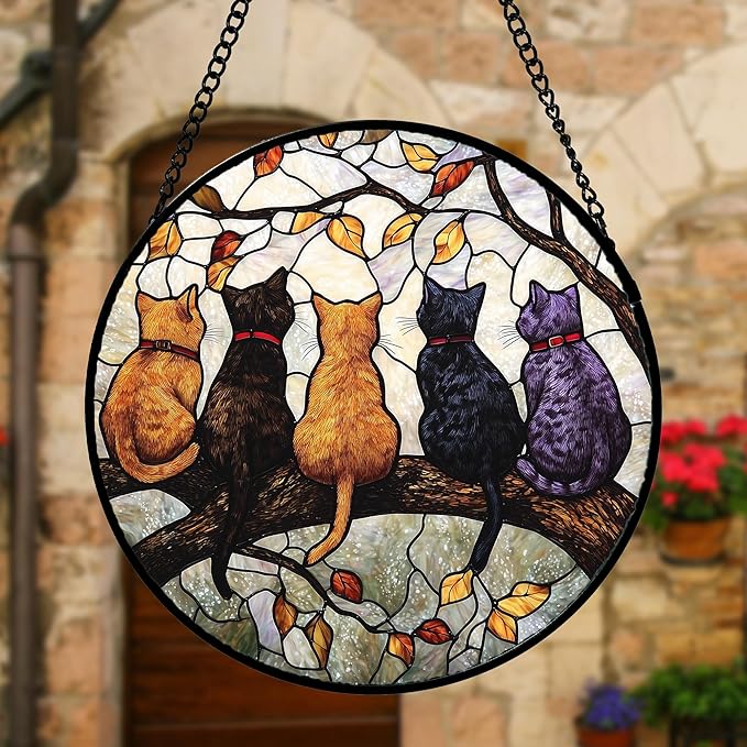 Stained Glass Window Hanging - 5 Cats on a Branch Suncatcher for Window Doors Home Decoration and Christmas, Mother's Day Father's Day Birthday Gifts for Women, Men, and Mom 7.8x7.8 in