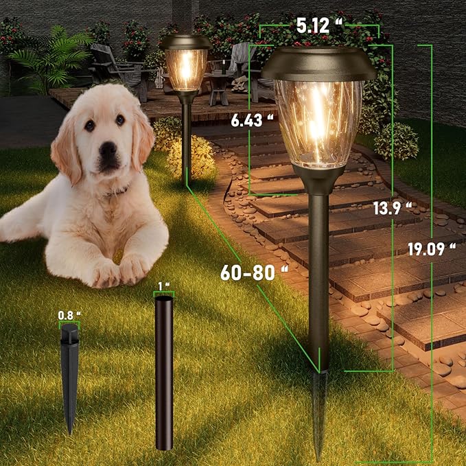 XMCOSY+ Solar Lights Pathway Outdoor - 2 LED Modes 10/25 LM Solar Powered Yard Garden Lighting, Waterproof IP65 Glass Stainless Steel Landscape Lights for Driveway Walkway Sidewalk Decor (Warm White)