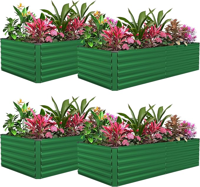 FOOWIN 4pcs 6x3x2ft Galvanized Raised Garden Bed, Planter Raised Garden Boxes Outdoor, Large Metal Raised Beds for Gardening, Garden Bed for Vegetables, Flowers, Herb,269 Gallon Capacity, Green