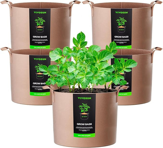 VIVOSUN 5-Pack 20 Gallons Grow Bags Heavy Duty Thickened Nonwoven Fabric Pots with Strap Handles Tan