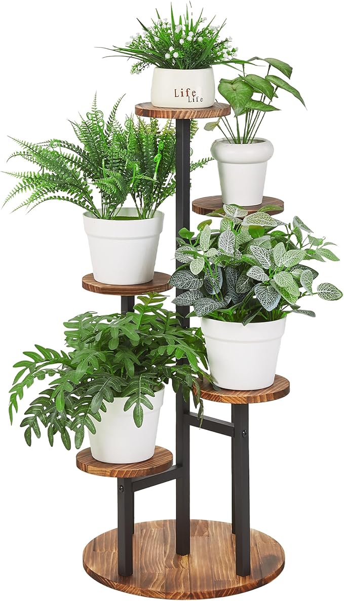 VECELO 5 Tier Plant Stand Indoor Outdoor, Tall Metal Wood Flower Shelf for Multiple Plants, Small Tiered Round Corner Display Rack, Planter Pot Holder for Patio Garden Balcony Living Room Bedroom