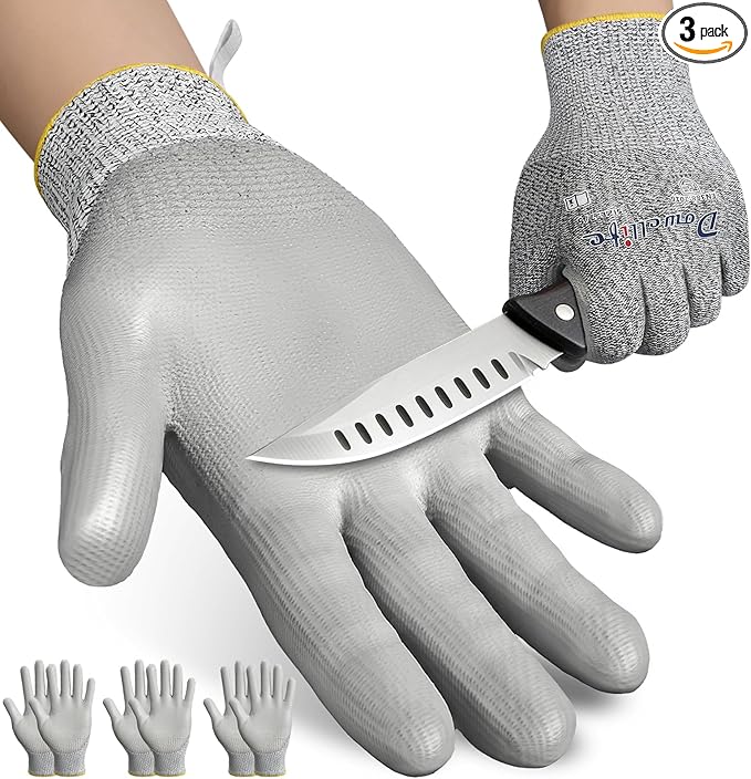 Dowellife 3 Pairs Level 5 Cut Resistant Work Gloves for Men and Women, PU Coated Breathable Gardening Gloves, Thin Flexible and Firm Grip for Mechanics and Fishing (X-Large, Grey)