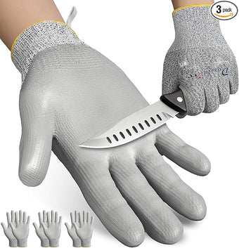 Dowellife 3 Pairs Level 5 Cut Resistant Work Gloves for Men and Women, PU Coated Breathable Gardening Gloves, Thin Flexible and Firm Grip for Mechanics and Fishing (X-Large, Grey)