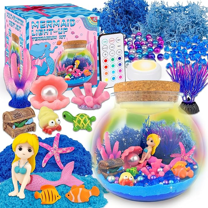 7july Mermaid Terrarium Craft Kit for Kids - LED Night Light Up & Remote Mermaid Birthday Gifts Toys for Girls Age 5 6 7 8 9 10 11 12 Year Old