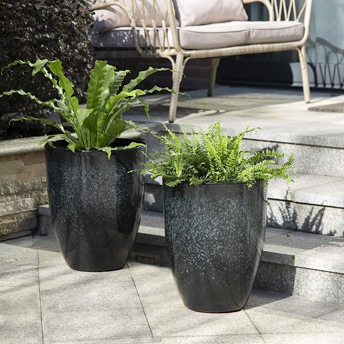 Glitzhome 16.75" H Garden Tall Planter Pots,Set of 2 Modern Round Tall Planter with Drainage Holes,PE and Stone Faux Ceramic Large Flower Pots for Outdoor Indoor,Ceramic Gradient Turquoise