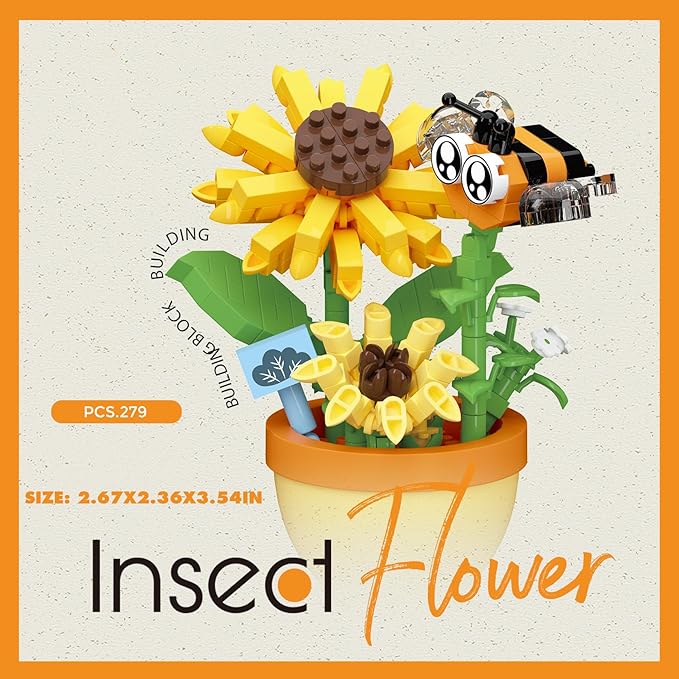 Sacblirr Mini Flower Bonsai with Cute Insects Sunflower bee - DIY Potted Plant Building Blocks for Kids and Adults, Botanical Collection Decor Toy