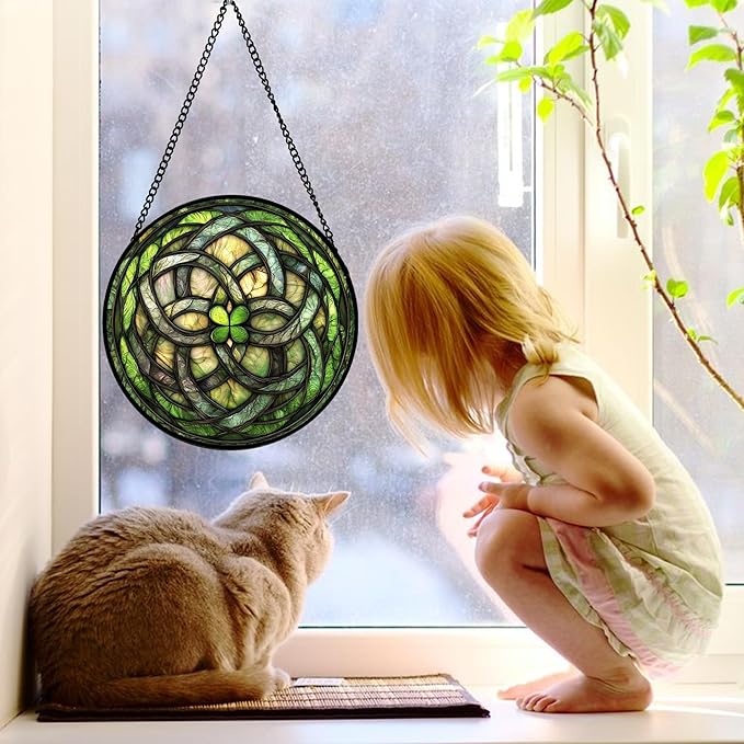DASTOLL Stained Glass Window Hanging, Abstract Green Clover Sun Catchers Colorful Glass Panel Bless Suncatcher Decor for Birthday for Women, Men, Wife, Aunt, and Mom 7.8 in