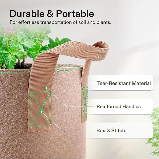 VIVOSUN 5-Pack 5 Gallons Grow Bags Heavy Duty Thickened Nonwoven Fabric Pots with Strap Handles Tan