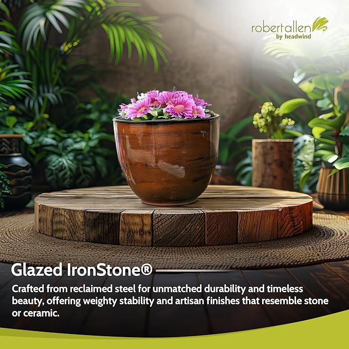 Headwind Glazed Ironstone Hamilton Collection Decorative Plant Pot – 14" Chestnut Brown Pot – Lightweight & Durable with Drainage Flower Pots for Indoor Plants & Outdoor Planter Use by Robert Allen